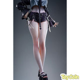 Heichazi is having trouble choosing stockings in a fitting room illustrated by dK.senie